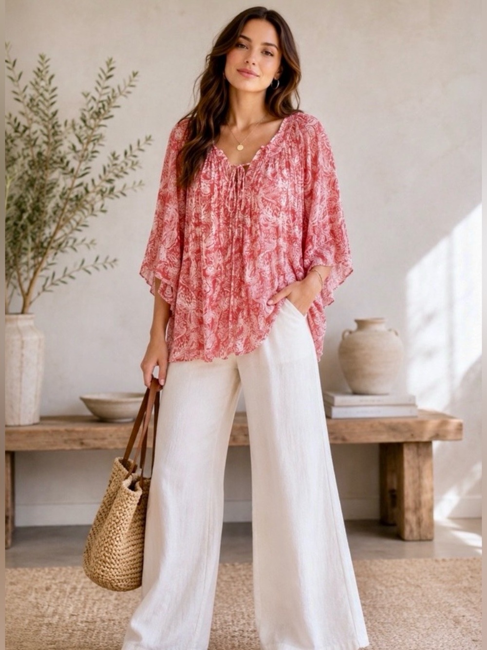 Style & Co. Flowy Coral and White Printed Top size Large